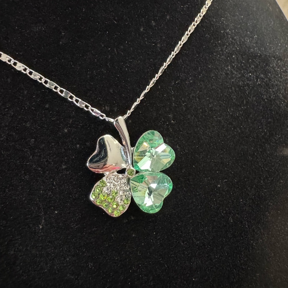St. Patrick’s Day, silver green Shamrock, four leaf clover pendant necklace